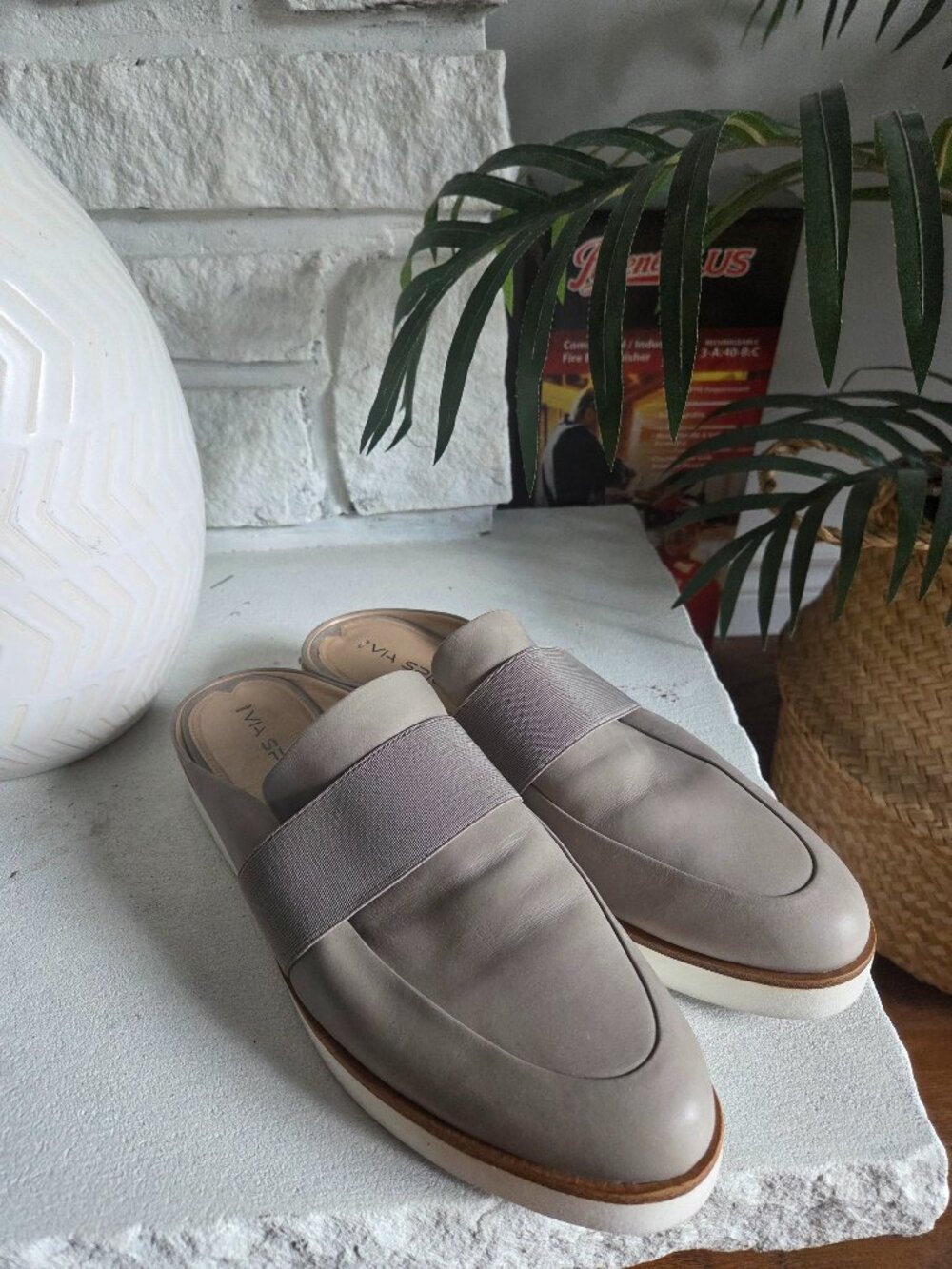 Via Spiga Taupe Leather Platform Mules